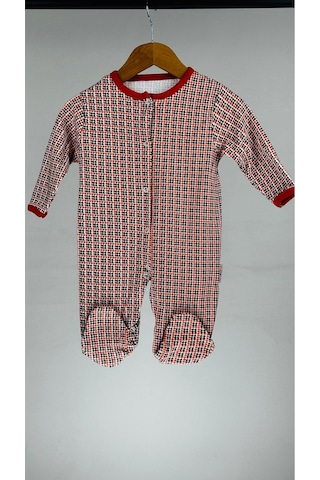 Kareli %100 Pamuklu Patikli Bebek Tulum 001