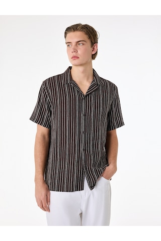 Koton Regular Fit Kısa Kollu Düğmeli Devrik Yaka Çizgili Gömlek Kahverengi Çizgili 6sam60118hw