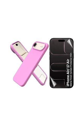 Apple Uyumlu iPhone 17 Air Içi Kadife Lansman Kılıf Ve Mat Seramik Tam Kaplayan Cam Ekran Koruyucu Açık Pembe