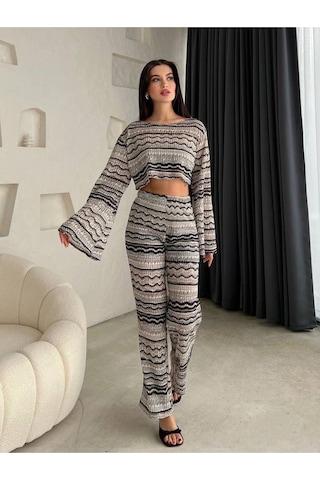 Fashion Cocktail Delikli Gözenekli Nefes Alan Kumaşlı Kontrast Bohem Şort Astarlı Pantolon Astarsız Kollu Krop Takım Gri
