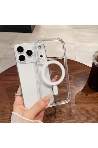 Apple iPhone 17 Pro Max Uyumlu Yumuşak Magsafe Kablosuz Şarj Destekli Şeffaf Kılıf Kamera İçin Yükseltilmiş Çerçeve