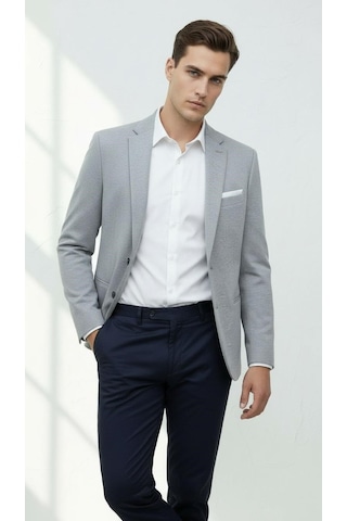 Plus Scorpion Erkek Esnek Kumaş Slim Fit Blazer Ceket Günlük & Ofis Şıklığı Açık Gri