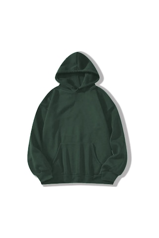 Erkek 3 İplik Pamuklu Kapüşonlu Kanguru Cepli Sweatshirt Hoodie - Koyu Yeşil Koyu Yeşil