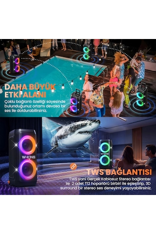 W-kıng T12 Bluetooth Hoparlör, 270w Rms Partybox Ultra Bass, 24 Saate Varan Çalma Süresi, 6 Rgb Işık Modu, Ipx5, Kablosuz Stereo Tws, Otg/usb/tf/aux/bluetooth 5.4, Ses Bombası, Siyah