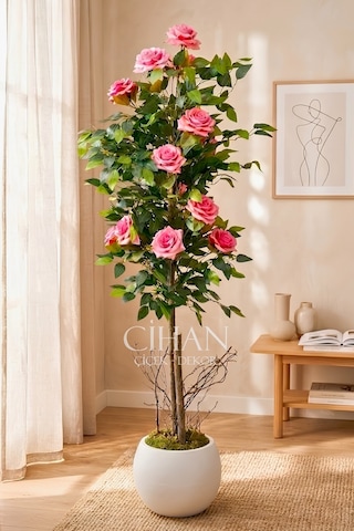 Yapay Pembe Gül Ağacı 150 cm 27x33 Beyaz Küre Saksılı