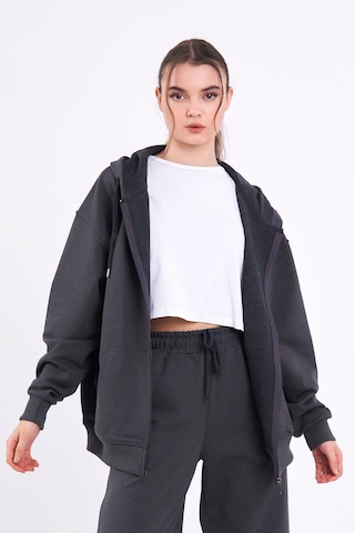 Comeor Antrasit Kanguru Cepli Kapüşonlu Fermuarlı Oversize Kadın Sweatshirt Cmrb73-antrasit Antrasit
