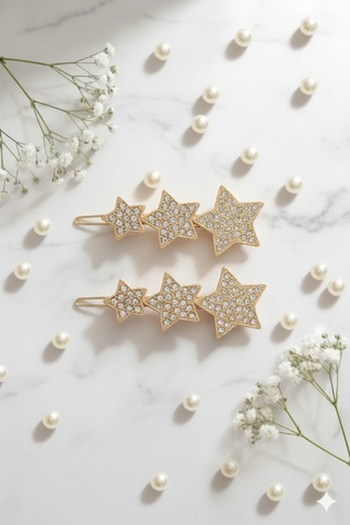 Üçlü Yıldız Şekilli Metal Toka, Metal Klipsli Üçlü Yıldız Toka 2 Adet Altın