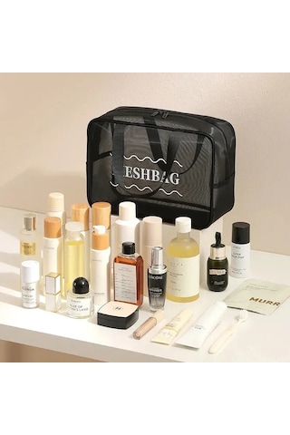 Konesam Büyük Boy Bej Mesh Seyahat Kosmetik Çantası - Su Geçirmez, Havalandırmalı, Organize Edici, Optik Tasarım, Toptan Alım