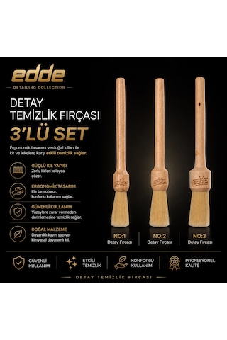 Edde Araba Araç Oto Yıkama At Kılı Detay Fırçası Seti Detailing Fırçası Detaylı Temizlik Fırçası 3 Lü Pro 1