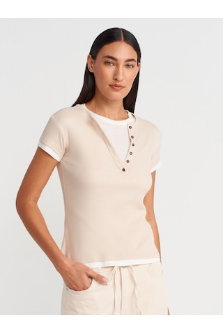 Dilvin 31783 Çift Katlı Düğmeli T-shirt-bej Bej