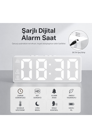 Dijital Masa Saati Alarm Erteleme, Gece Modu Ve Ses Kontrollü Akıllı Led Saat - Beyaz Renkli