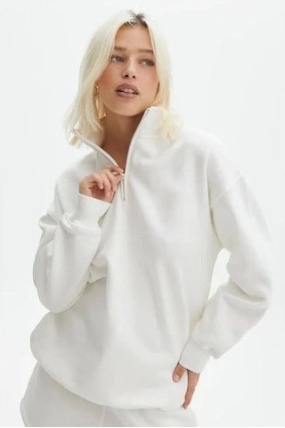 Etiler Collection Unisex Uzun Kol Yarım Farmuarlı Yakalı Basic Sweatshirt - Beyaz
