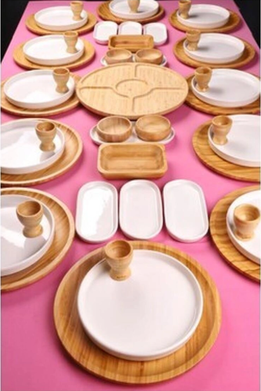 Atbyhome Calmora 12 Kişilik 51 Parça Doğal Bambu & Seramik Kahvaltı Takımı Kahvaltı Seti Sunum Seti Süt Beyazı