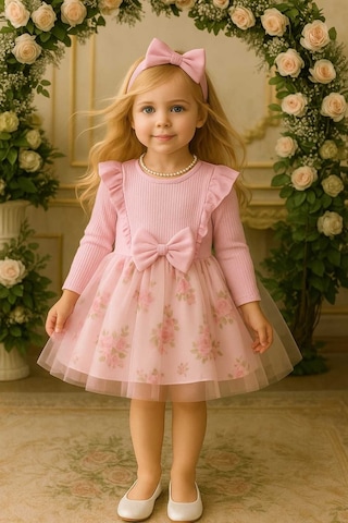 Kız Çocuk Çiçekli Toz Pembe Doğum Günü Abiye Prenses Şık Elbise Pembe