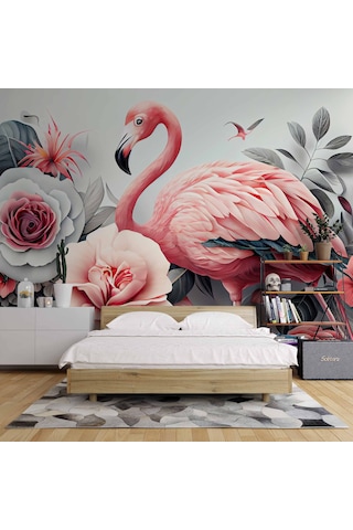 3 Boyutlu Pembe Pelikan Ve Çiçek Duvar Kağıdı Baskı 1 M²