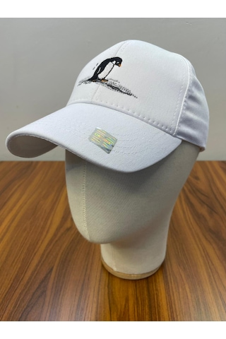 Penguen Nakışlı Gabardin Kumaş Unisex Cap Şapka Beyaz