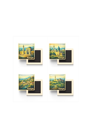 Konya - 4'lü Memleket Seti - Baskılı Buzdolap Magneti Kare - 9x9 Cm - 4 Adet