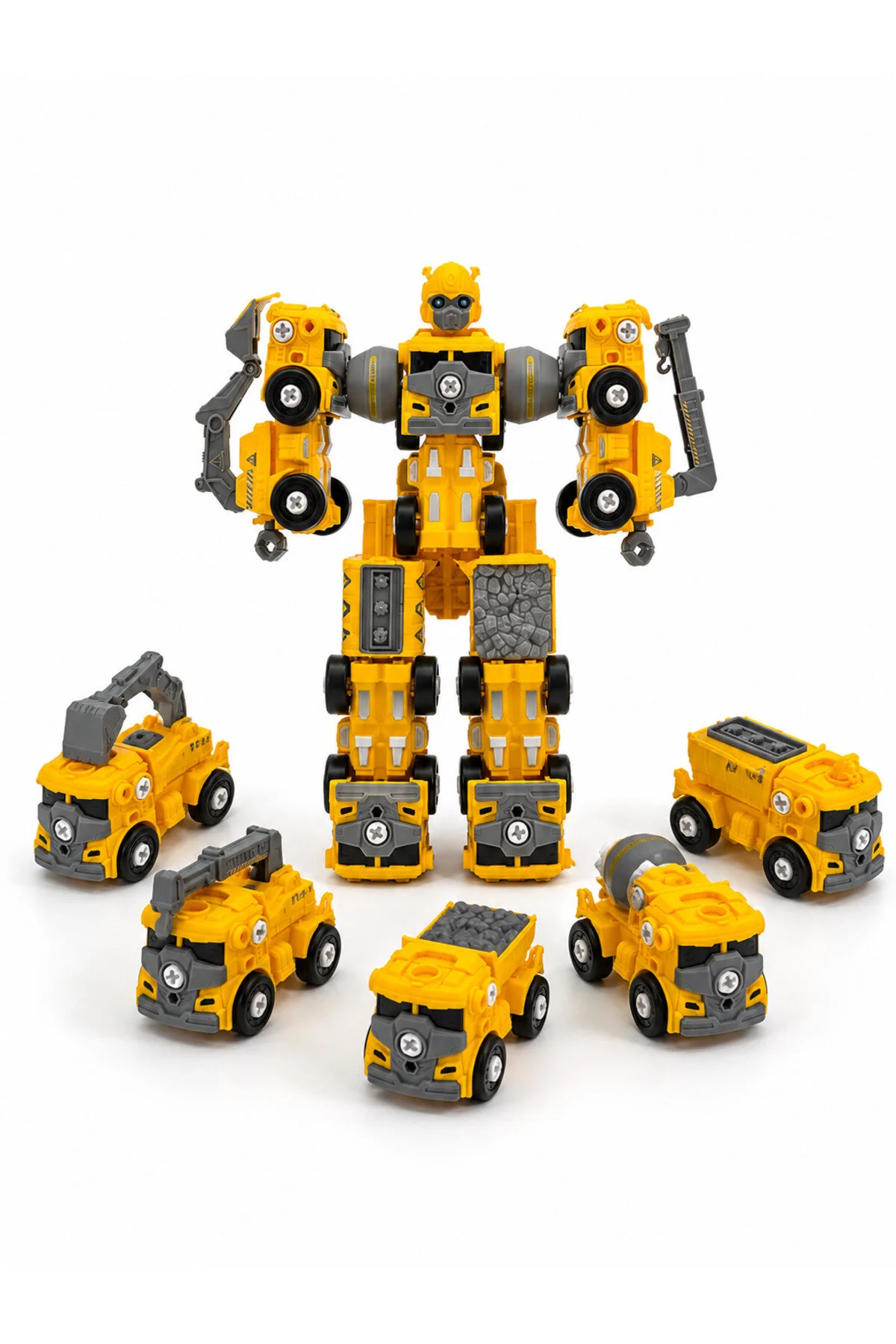 Arabaya Dönüşen 5 Robotlu Dıy Set, 85 Parça Sök-tak, Birleşerek Dev Robot Olur Hardal Sarısı