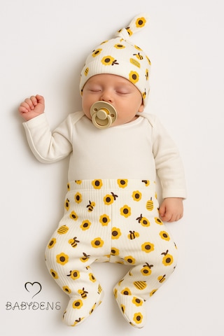 Babyden's Babydens Yenidoğan Bebek Hastane Çıkışı Seti 3'lü Pamuklu Zıbın Takımı Patikli Alt, Şapka, Arı Desenli Unisex Bebek Takımı Ekru
