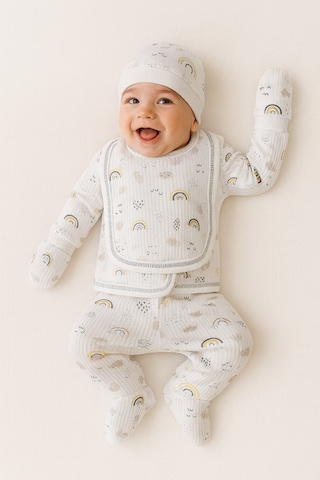 Hece Bebe Pamuklu 5 Parça Yenidoğan Hastane Çıkışı Seti Bebek Zıbın Takımı, Şapka, Önlük, Eldiven Gökkuşağı