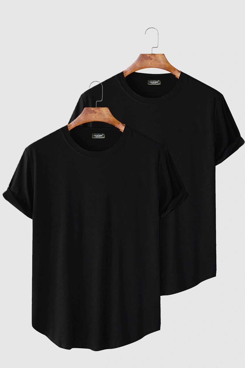 Veaven 2'li Erkek Siyah Kolları Katlı Oval Kesim Cepsiz Bisiklet Yaka T-shirt Siyah