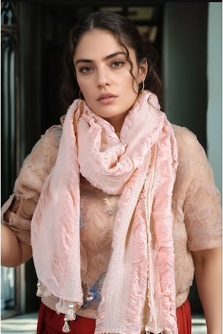 Rosehan Collection El Dokuması Pembe İpek Şal - Gofreli - Ödemiş İpeği