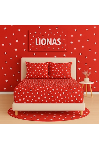 Lionas Desenli 140 X 200 Cm Kırmızı Yıldız Lastikli Çarşaf Ve 2 Adet Yastık Kılıfı Kırmızı