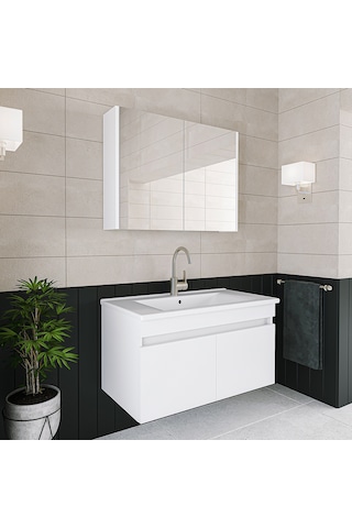 Banos Al3 Lavabolu Beyaz 85 Cm Aynalı Banyo Dolabı Takımı Beyaz