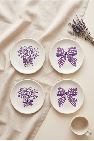 Lila Gift 4 Lü Seramik Tatlı Tabağı 16 Cm Lila Çiçek Desenli Pasta Kahvaltı Sunum Tabak Seti Şık Beyaz