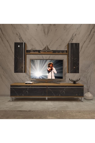 Decoraktiv Eko 5d Mdf Std Krom Ayaklı Tv Ünitesi Tv Sehpası Pera - Siyah Mermer