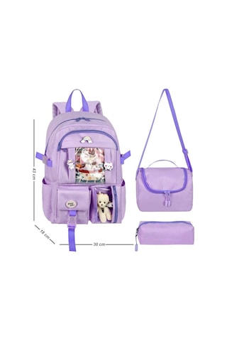 Waddell Kore Kawaii Tarzı Okul Sırt Çantası, Termal Beslenme Çantası Ve Kalemlik Lila 26700