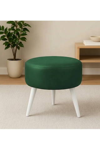 Waterybrook Suni Deri Puf - Ahşap Beyaz Ayaklı - Retro Modern Tasarım - Oturma Ve Dekoratif Sehpa Yeşil
