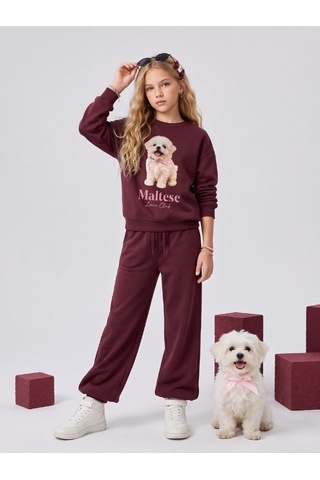 Zekids Kız Çocuk Pamuklu Köpek Baskılı Oversize Tasarım Sweatshirt-16472 Bordo