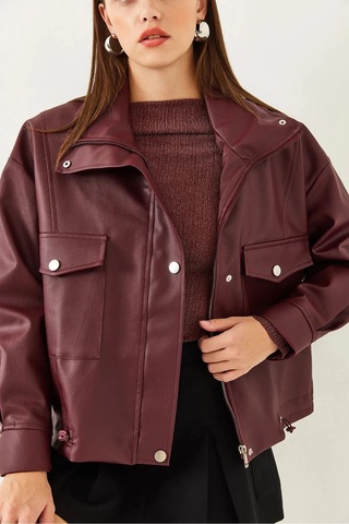 August Yanlardan Büzgü Detaylı Deri Ceket - Oversize Bordo Bordo