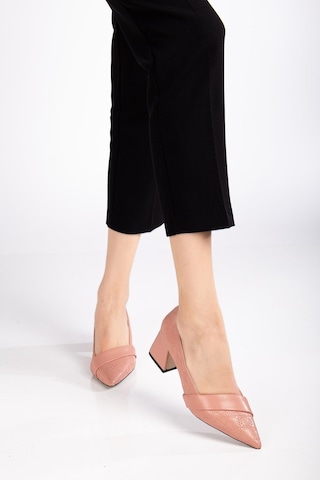 Kadın Topuklu Ayakkabı Pudra Baskılı Deri Yanyüzlü Sivri Kalıp-3578 Pudra