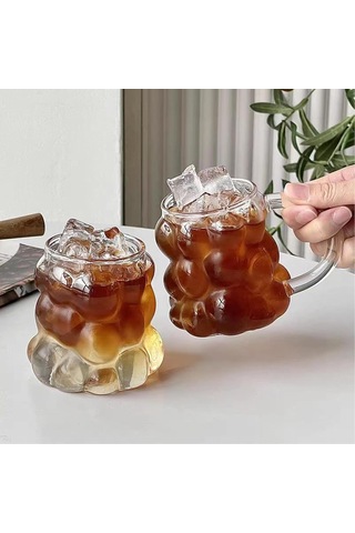 Aee 2 Adet Kulplu Boncuk Şekilli Cam Bardak 350ml Borosilikat Üzüm Kabarcıklı Tasarım Isıya Ve Sku: Smg8690010535597