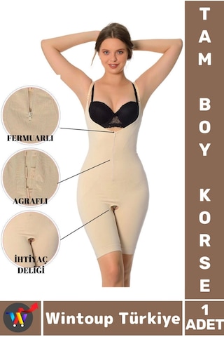 Wintoup Özel Model Karın Bel Toparlayan Sıkılaştıran Çıkarılabilir Askılı Fermuarlı Ağraflı Tam Boy Korse Ten