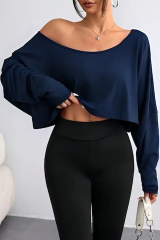 Kadın Düşük Omuz Kayık Yaka Oversize Uzun Kollu Crop T-shirt Lacivert