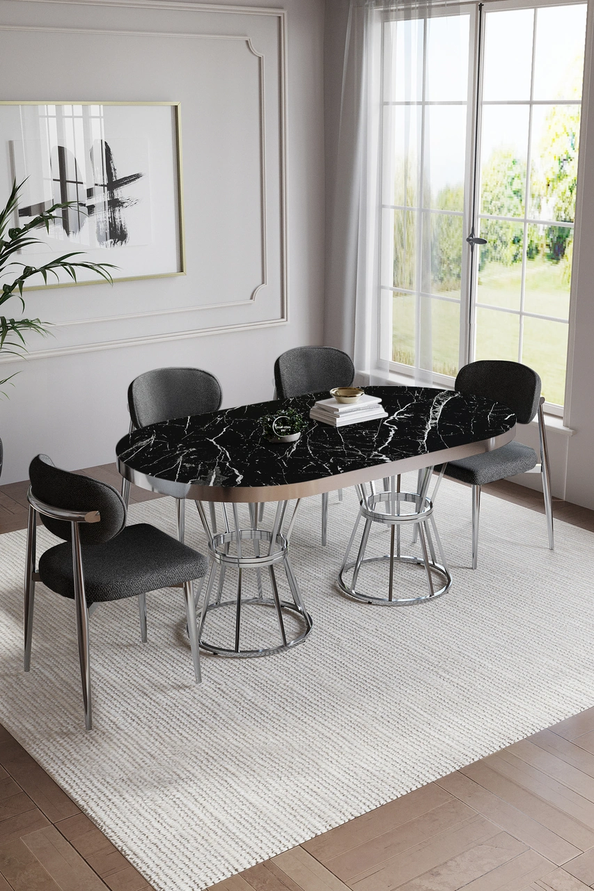 Bohem Polo Mutfak Masası Takımı 4 Sandalyeli Gümüş Gri