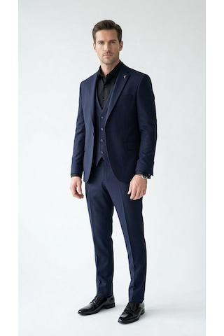 Erkek Klasik Slim Fit Armürlü Kumaş Tek Düğmeli Çift Yırtmaçlı Klasik Yaka Takım Elbise 7 Drop Lacivert