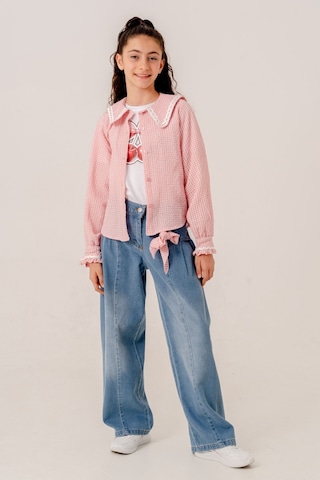 Kız Çocuk Su Taşlı Gömlek T-shirt İkili Takım 1805 Pembe