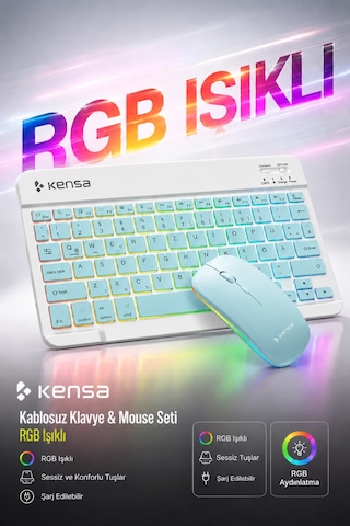 Tablet Ve Bilgisayar İçin Rgb Led Işıklı Taşınabilir Kablosuz Bluetooth Klavye Ve Dongle'lı Mouse Seti Mavi