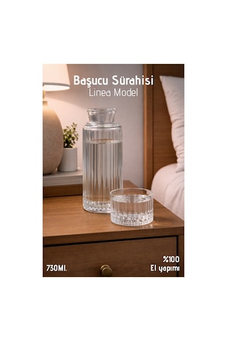 El Yapımı Cam, Linea Modelli Başucu Sürahisi - 730ml. Bardaklı Sürahi