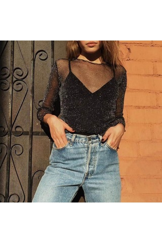 Seksi File Tişört Kadın Uzun Kollu Parlak İpek Alt Gömlek Moda Üstler Beyaz