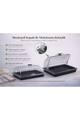 Polikarbon Gn 1/2 Menteşeli Fanus Kapaklı Servis Tepsisi 32.5x26.5 Cm Açılır Kapanır Kapak Şeffaf
