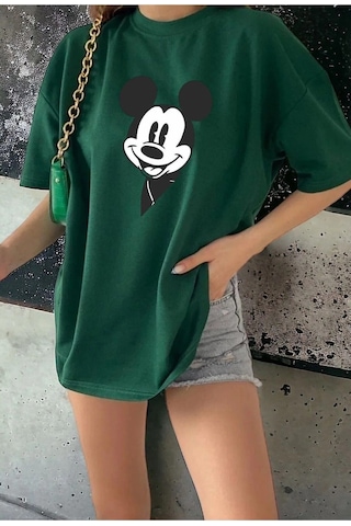 Hırsch Kadın Yeşil Oversize Mickey Mouse Baskılı Tshirt Yeşil