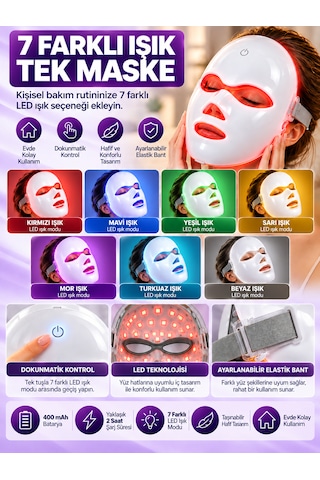 7 Renk Led Işıklı Yüz Bakım Maskesi Şarjlı Dokunmatik Kontrollü Ayarlanabilir Bantlı Cilt Bakım Cihazı