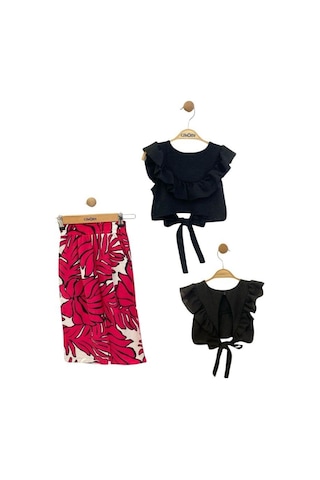 Zekids Kız Çocuk Beli Lastikli Desenli Pantolon Bluz Takım-14037 Siyah