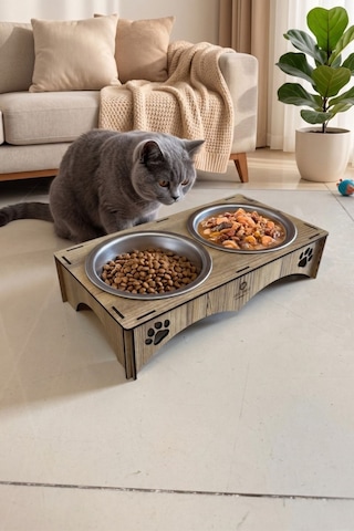 Petmagic 2'li Mama Kabı, Ahşap Çelik Kaseli Kedi Mama Kabı, Ahşap Standlı, Metal Kaseli