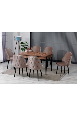Elor Ahşap Desen 80x132 Açılabilir Mdf Masa Yemek Odası Takımı Mutfak Takımı 6 Sandalyeli Kahverengi